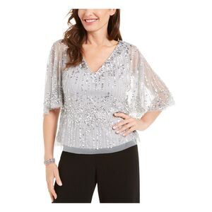 ADRIANNA PAPELL Womens Gray Sequined Sleeveless V Neck Evening Top 2